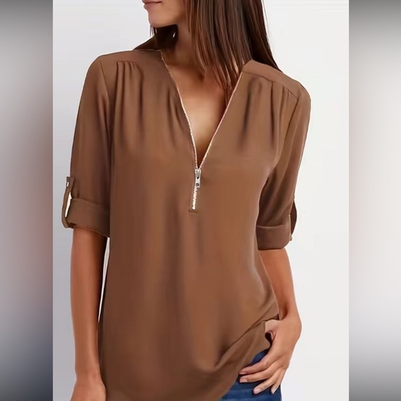 V Neck Mauve-Like Top With Zipper Quarter Ruched Sleeve - Picture 1 of 4